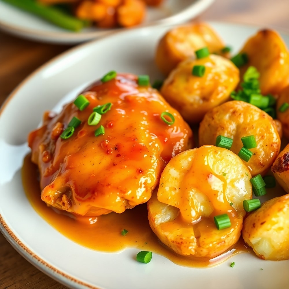 Honey BBQ Chicken with Creamy Garlic Parmesan Potatoes plated