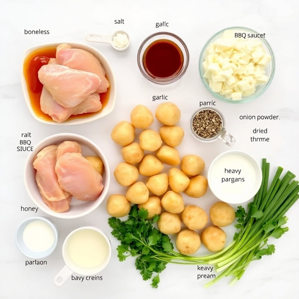 Raw ingredients for Honey BBQ Chicken with Creamy Garlic Parmesan Potatoes