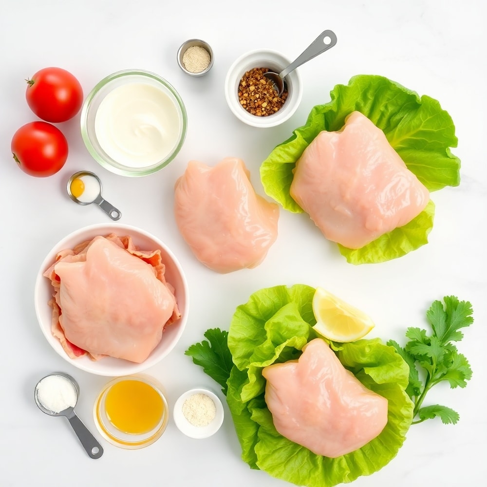 Raw ingredients for Honey Mustard BLT Chicken Sliders on a white marble surface