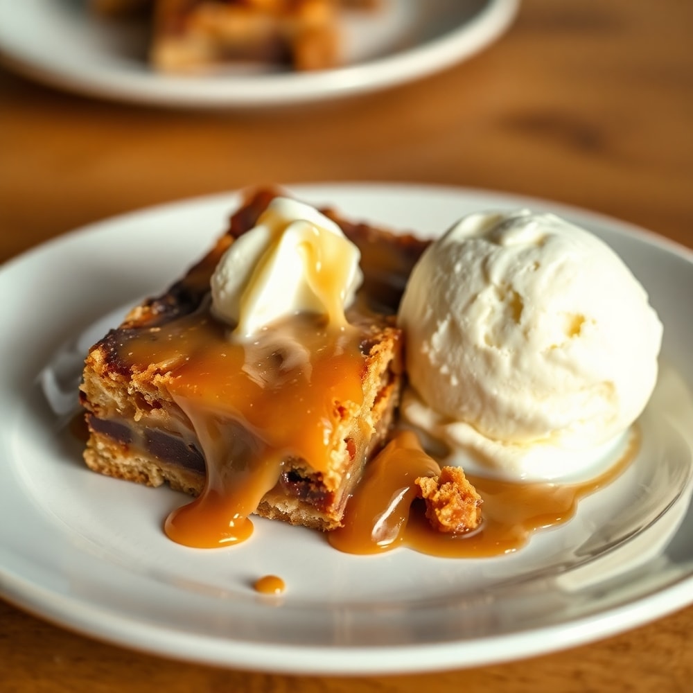 Plated serving of caramel crush bars with a scoop of vanilla ice cream