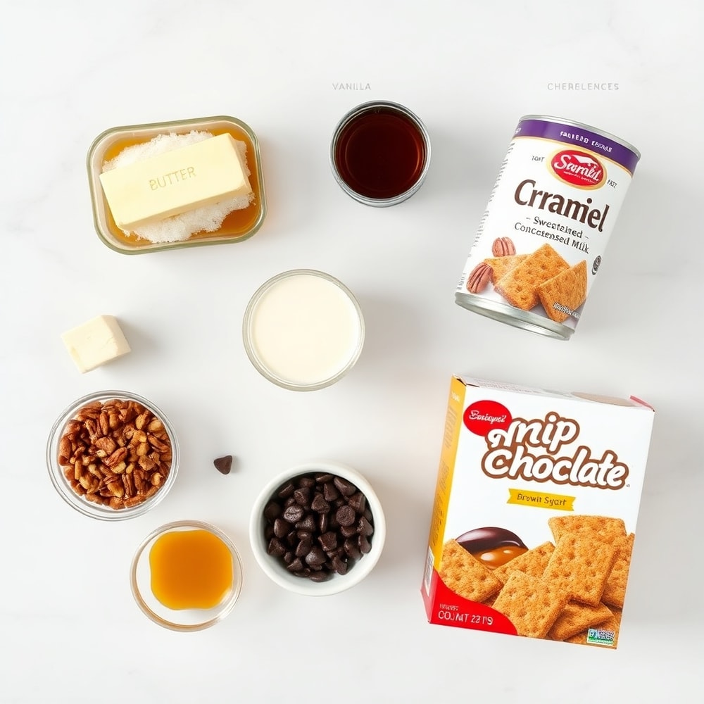 Raw ingredients for caramel crush bars: butter, brown sugar, corn syrup, sweetened condensed milk, vanilla extract, chocolate chips, pecans, and graham cracker crumbs