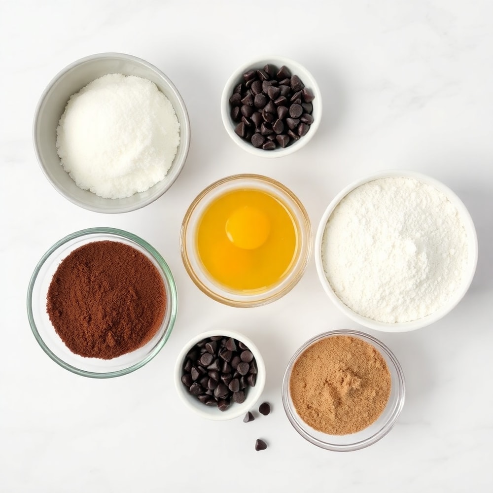 Raw ingredients for Joanna Gaines' Brownie Cookies: butter, sugar, eggs, flour, cocoa powder, chocolate chips