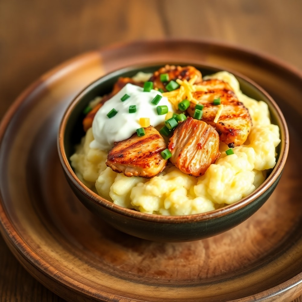Finished grilled chicken mashed potato bowl on a rustic plate