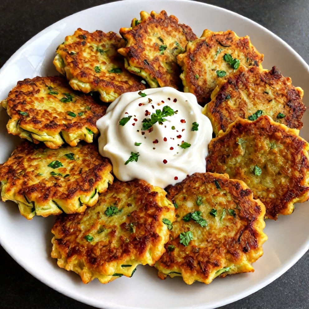 Plated keto zucchini parmesan fritters with sour cream dip