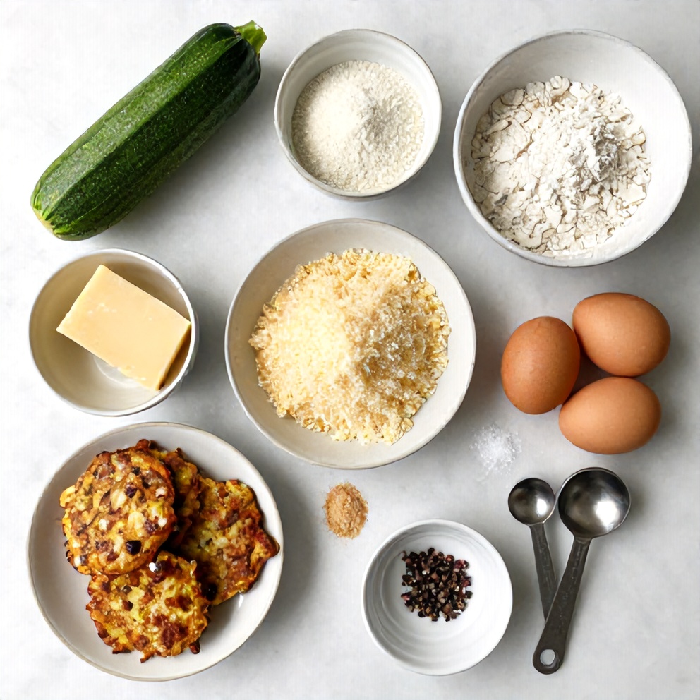 Raw ingredients for keto zucchini parmesan fritters on a marble surface