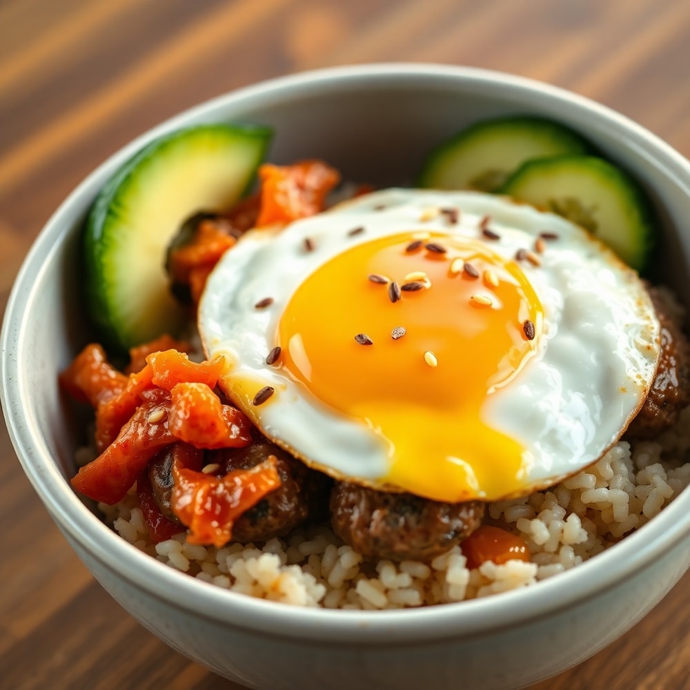 Finished Korean BBQ Meatball Rice Bowl