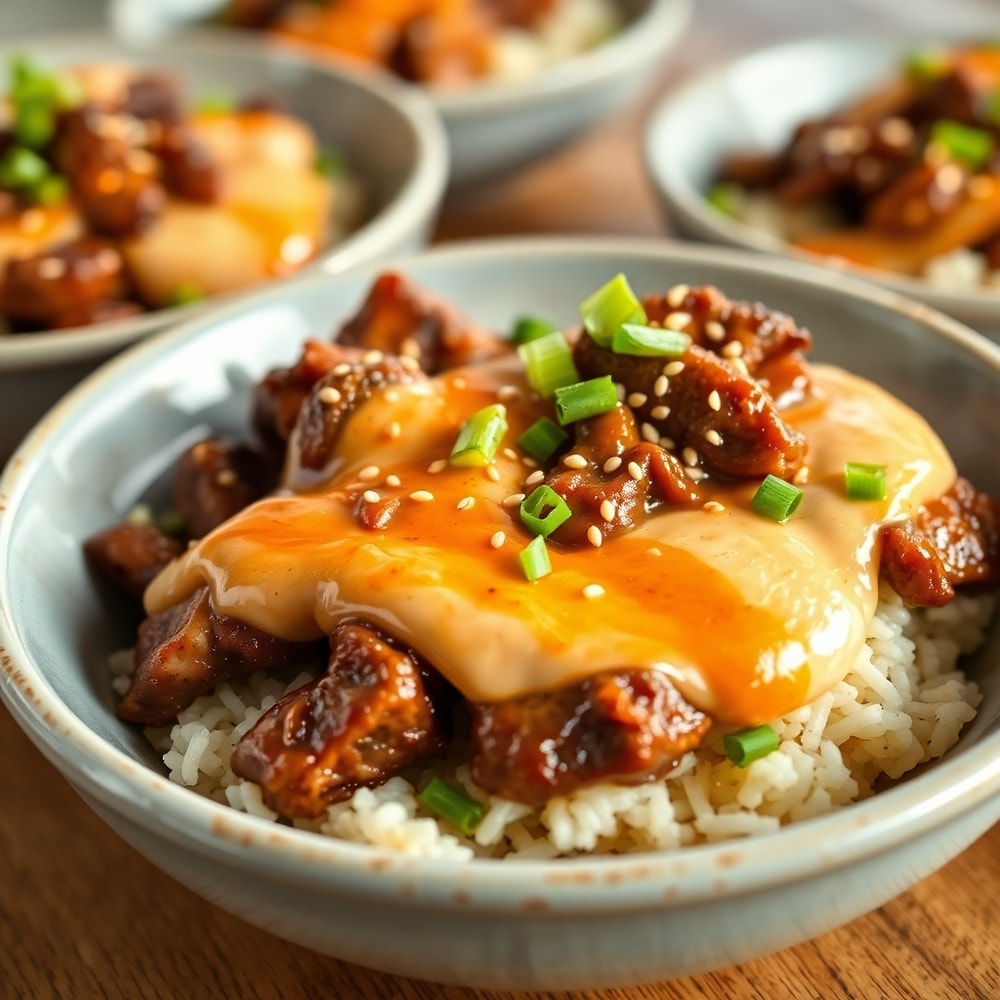 Korean BBQ Steak Rice Bowls with Spicy Cream Sauce