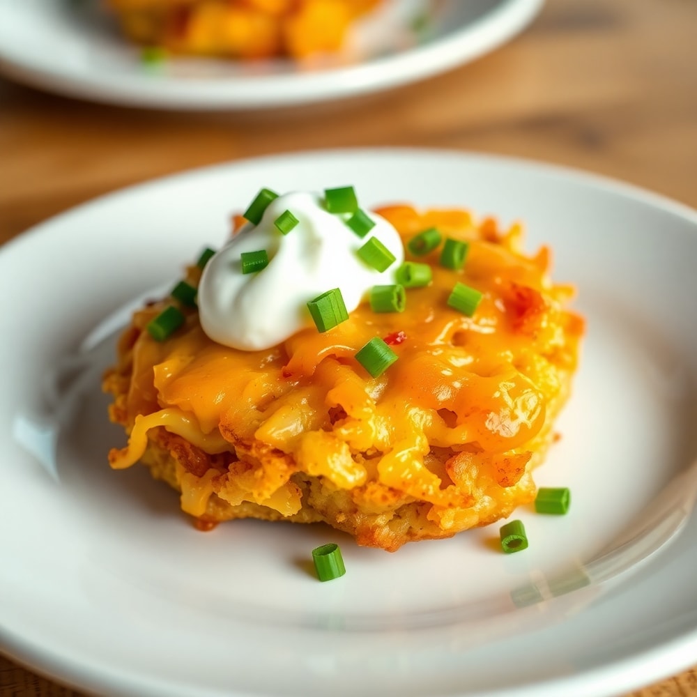 Plated loaded hashbrown bites with a side of ranch dressing