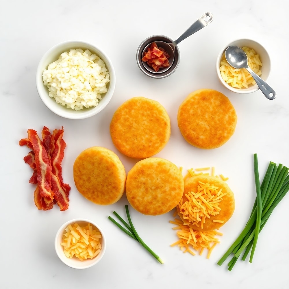 Raw ingredients for loaded hashbrown bites on a marble counter