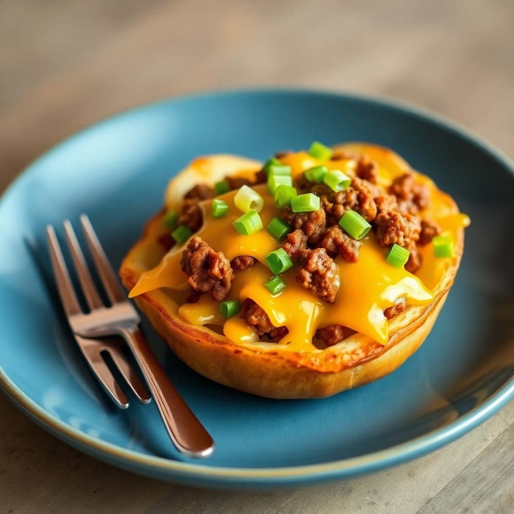 Loaded Potato Taco Bowl on a blue plate with a fork
