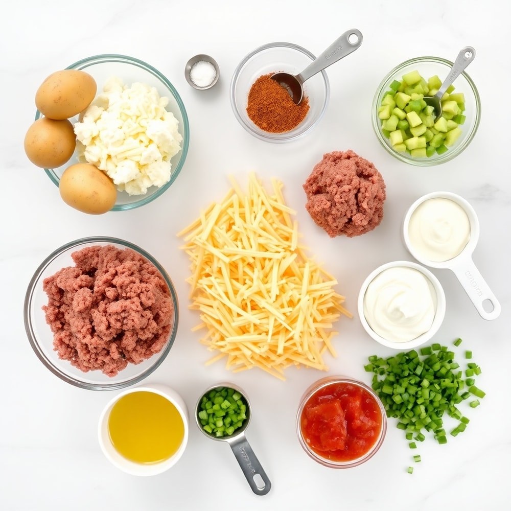 Raw ingredients for Loaded Potato Taco Bowl on a wooden surface