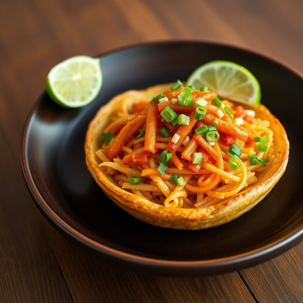 Plated Loaded Potato Taco Bowl with a lime wedge