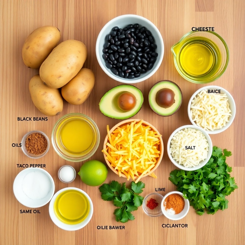 Raw ingredients for Loaded Potato Taco Bowl on a wooden surface