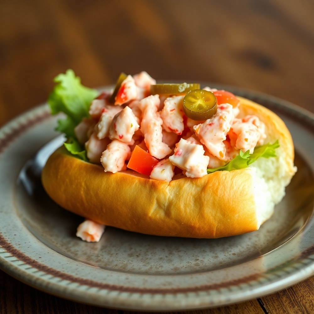 Plated Maine Lobster Roll with lemon aioli on a rustic plate