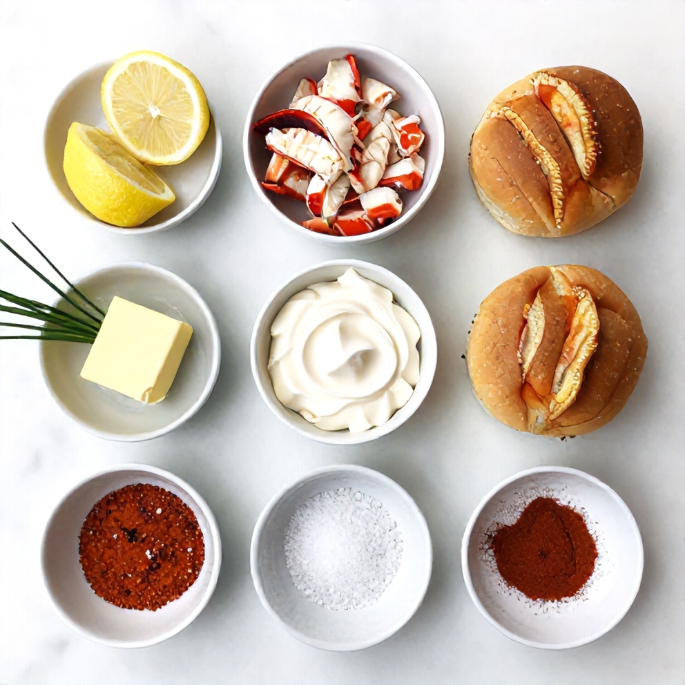 Raw ingredients for Maine Lobster Rolls on a white marble surface