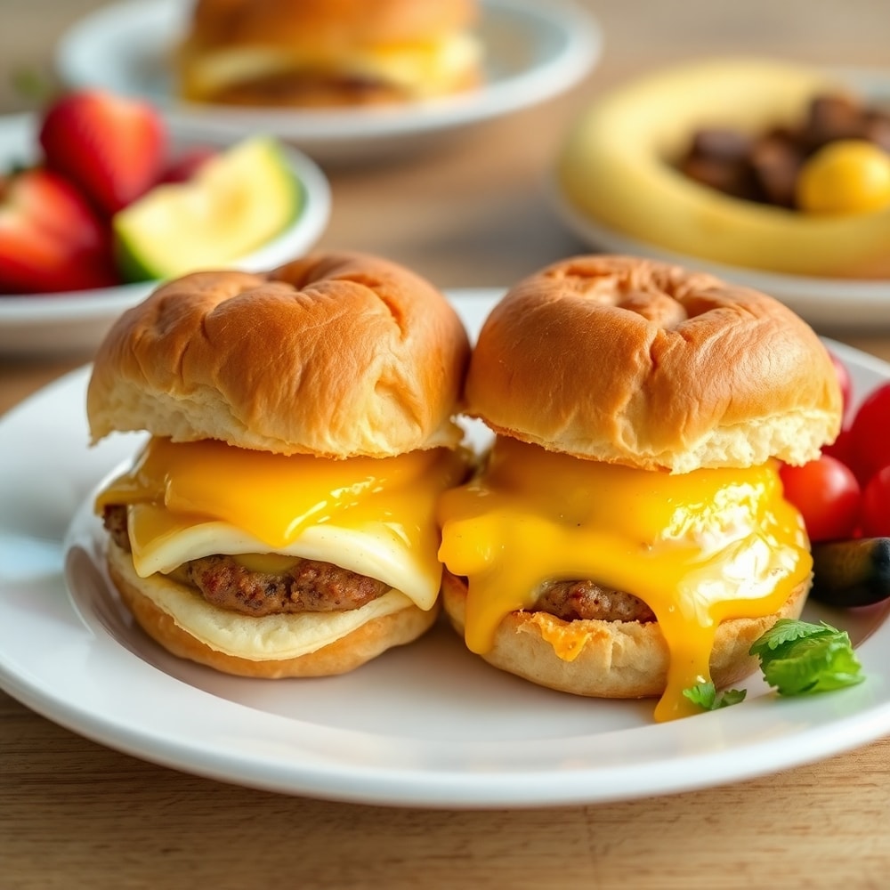 Plated breakfast sliders with a side of fresh fruit