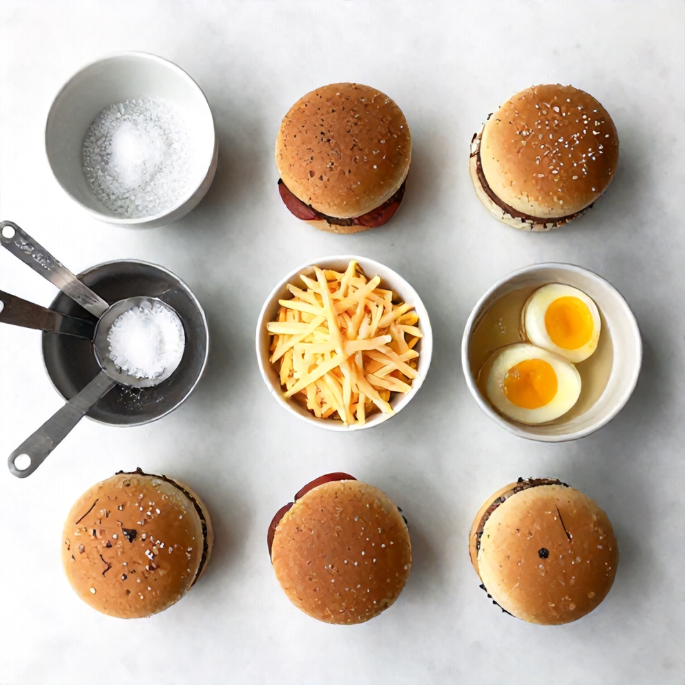 Breakfast sliders ingredients on a white marble surface