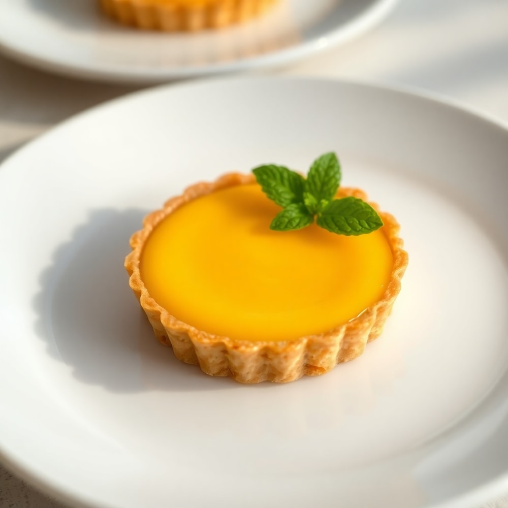 Mango Curd Tart on a white plate, garnished with mint leaves