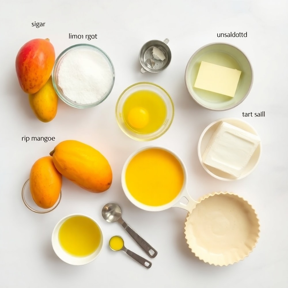 Raw ingredients for Mango Curd Tart: ripe mangoes, lemon juice, sugar, eggs, butter, tart shell