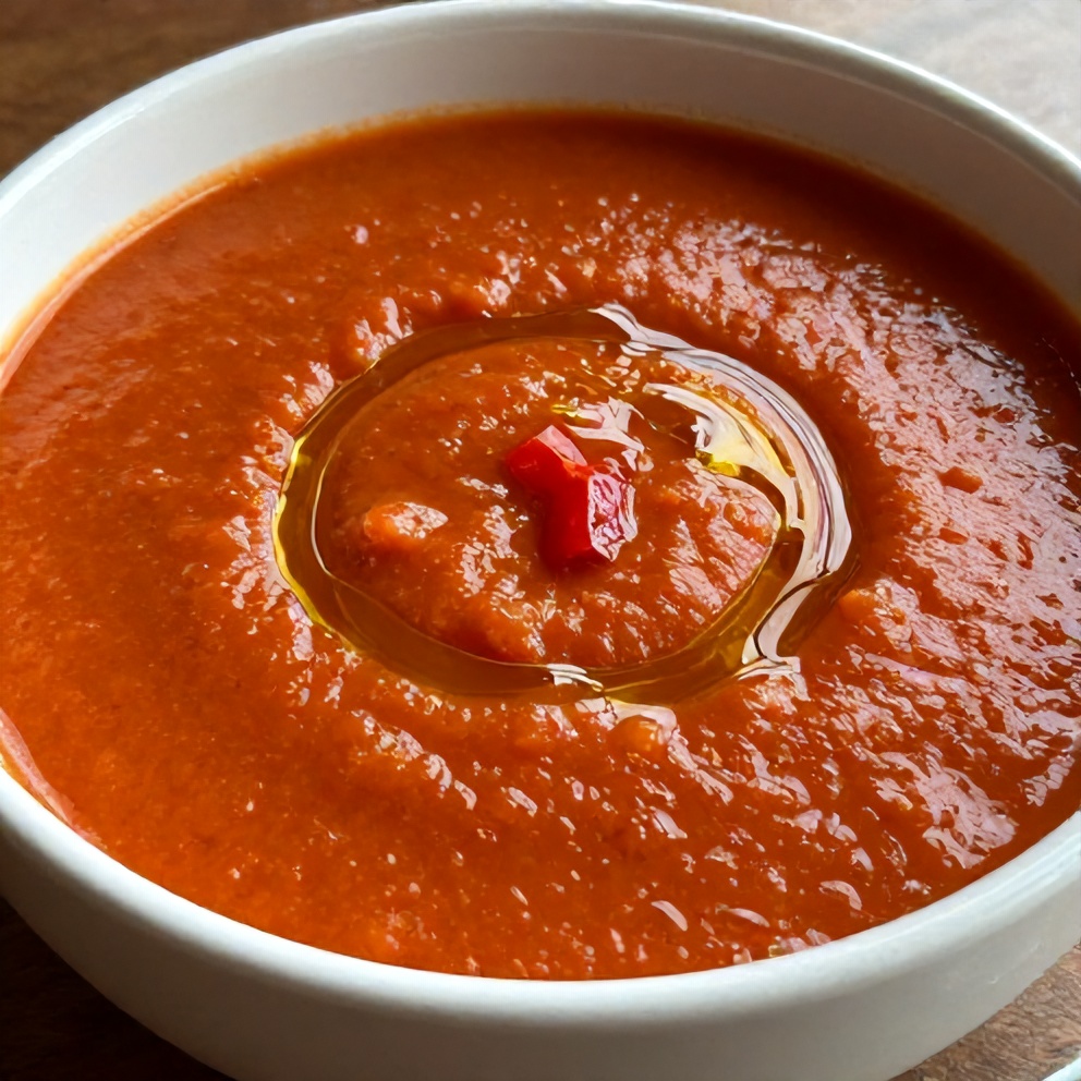 Bowl of creamy Mediterranean Tomato & Roasted Pepper Soup with a swirl of olive oil