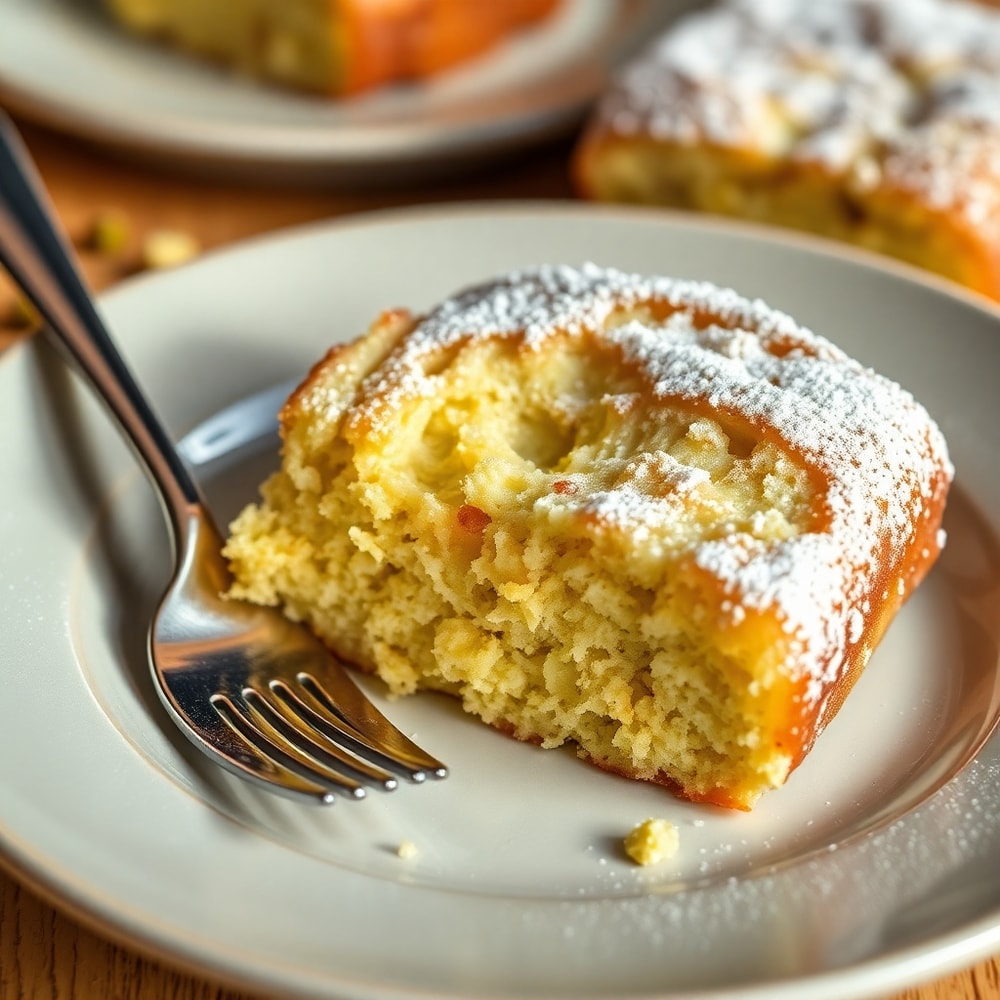 Slice of pistachio pudding bread on a plate with a fork