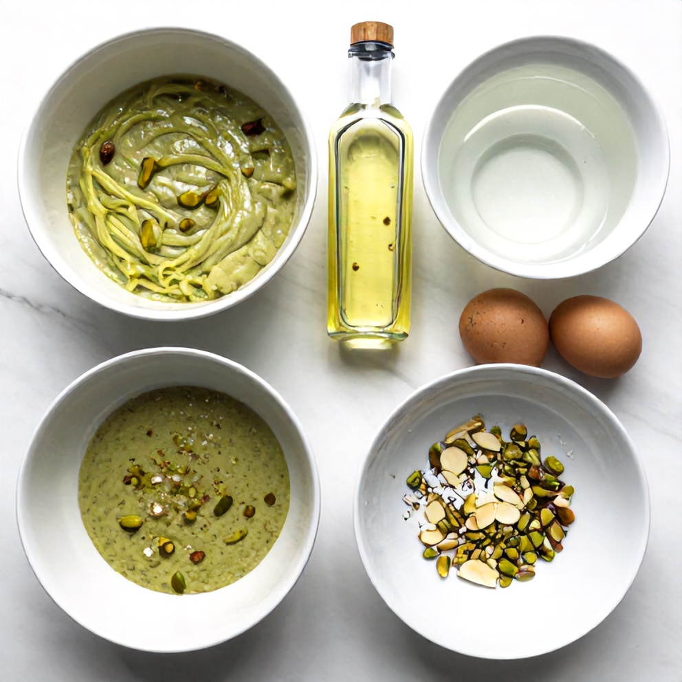 Ingredients for pistachio pudding bread laid out on a white marble surface