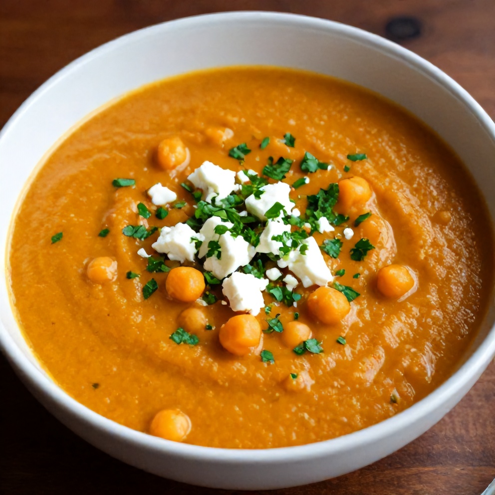 Bowl of Moroccan Sweet Potato and Chickpea Soup with garnish