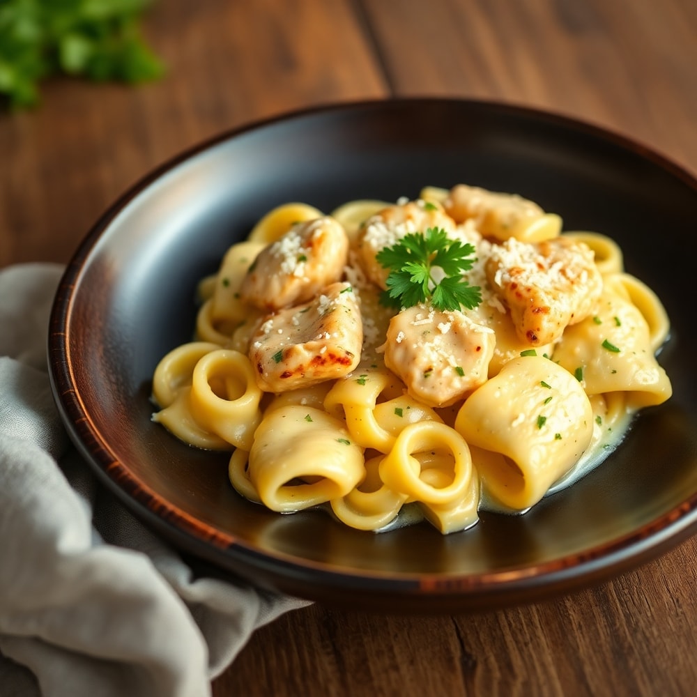 Plated Mozzarella Garlic Butter Chicken Bowties