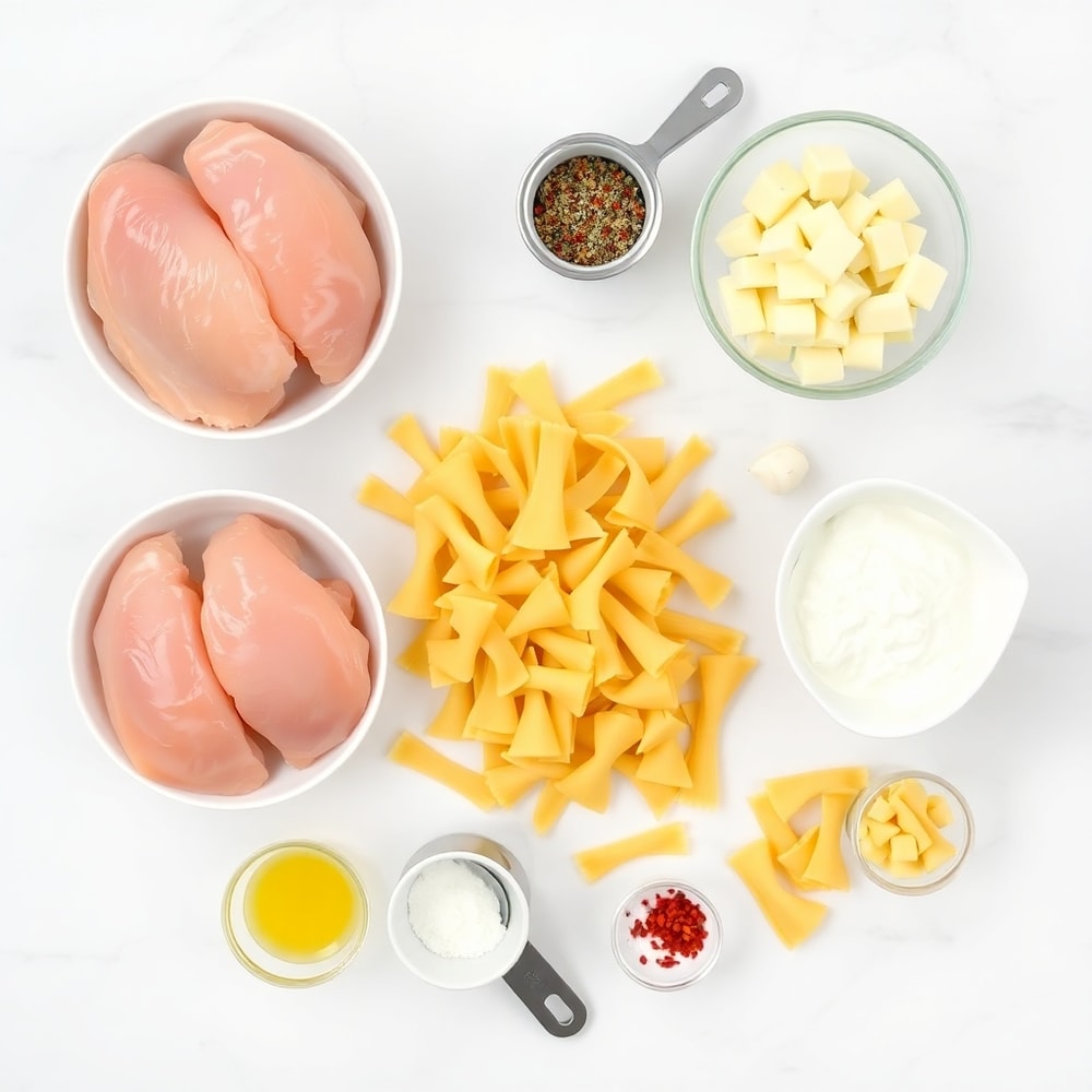 Raw ingredients for Mozzarella Garlic Butter Chicken Bowties