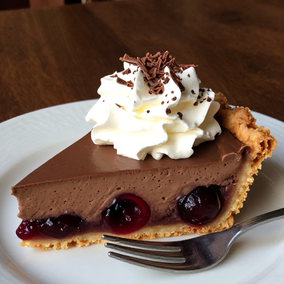 Slice of no-bake chocolate cherry cream pie on a fork