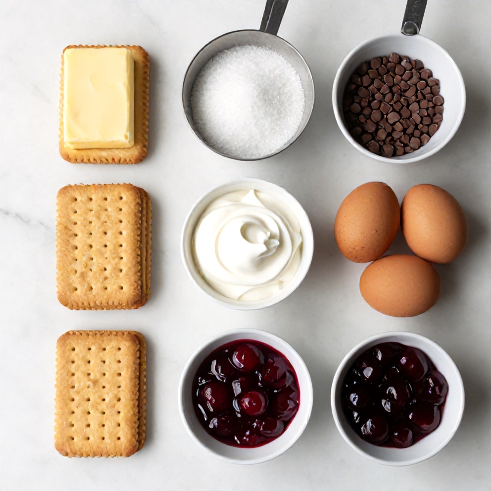 Graham crackers, butter, sugar, eggs, chocolate chips, heavy cream, cherry pie filling