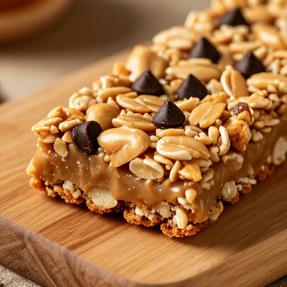 Sliced no-bake peanut butter oat bars on a wooden cutting board