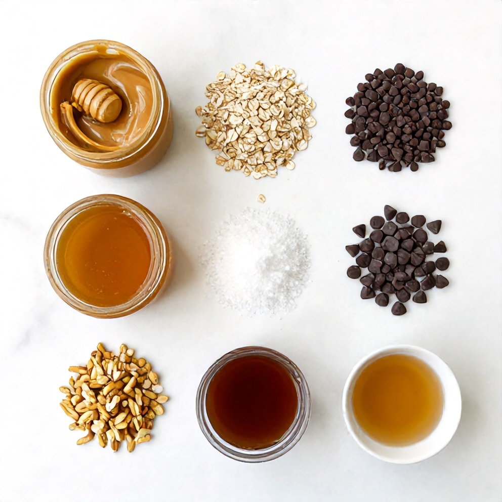 Peanut butter, oats, honey, and chocolate chips on a wooden surface