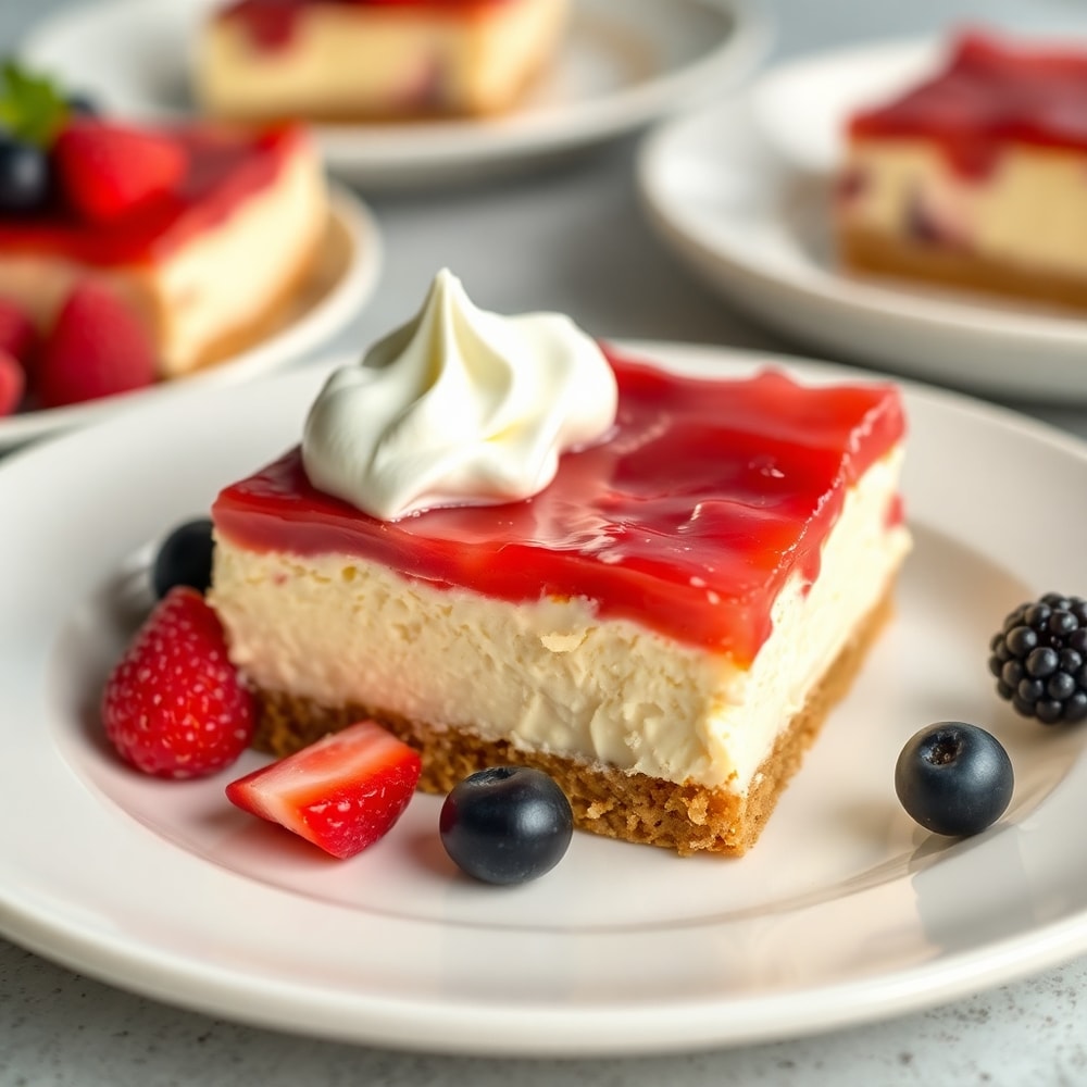 No Bake Rhubarb Cheesecake Squares plated with a dollop of whipped cream