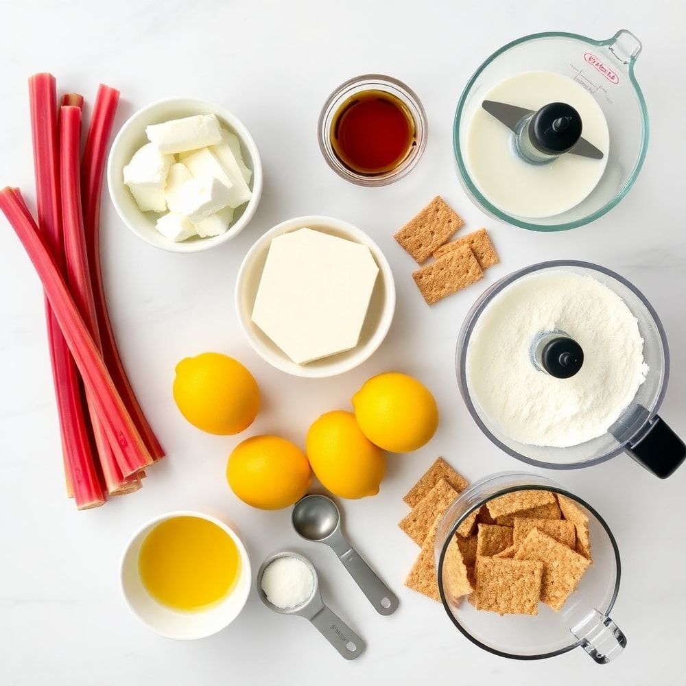 Ingredients for No Bake Rhubarb Cheesecake Squares - graham crackers, cream cheese, sugar, eggs, vanilla, rhubarb, lemon juice