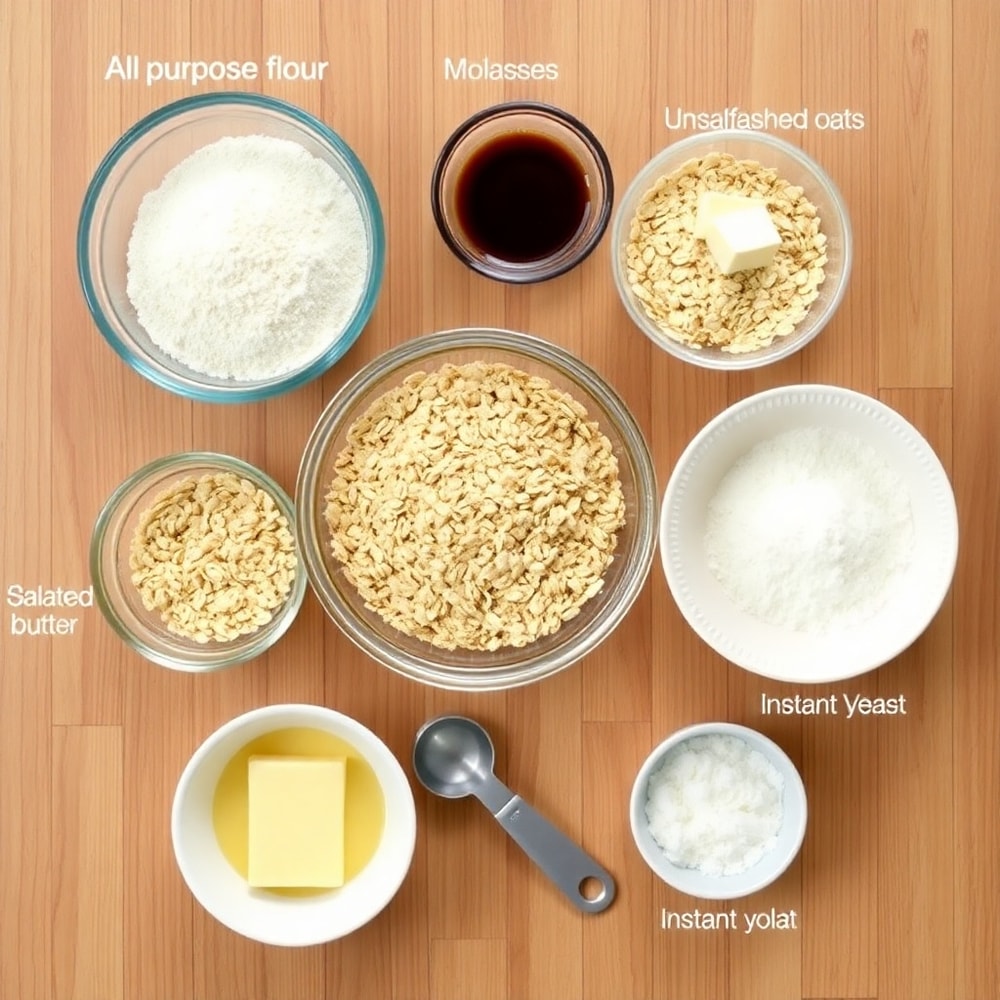 Oatmeal Molasses Rolls ingredients arranged on a wooden surface
