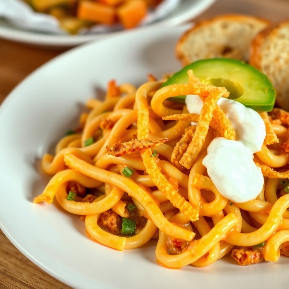 One Pot Cheesy Taco Pasta served on a plate with a side of garlic bread