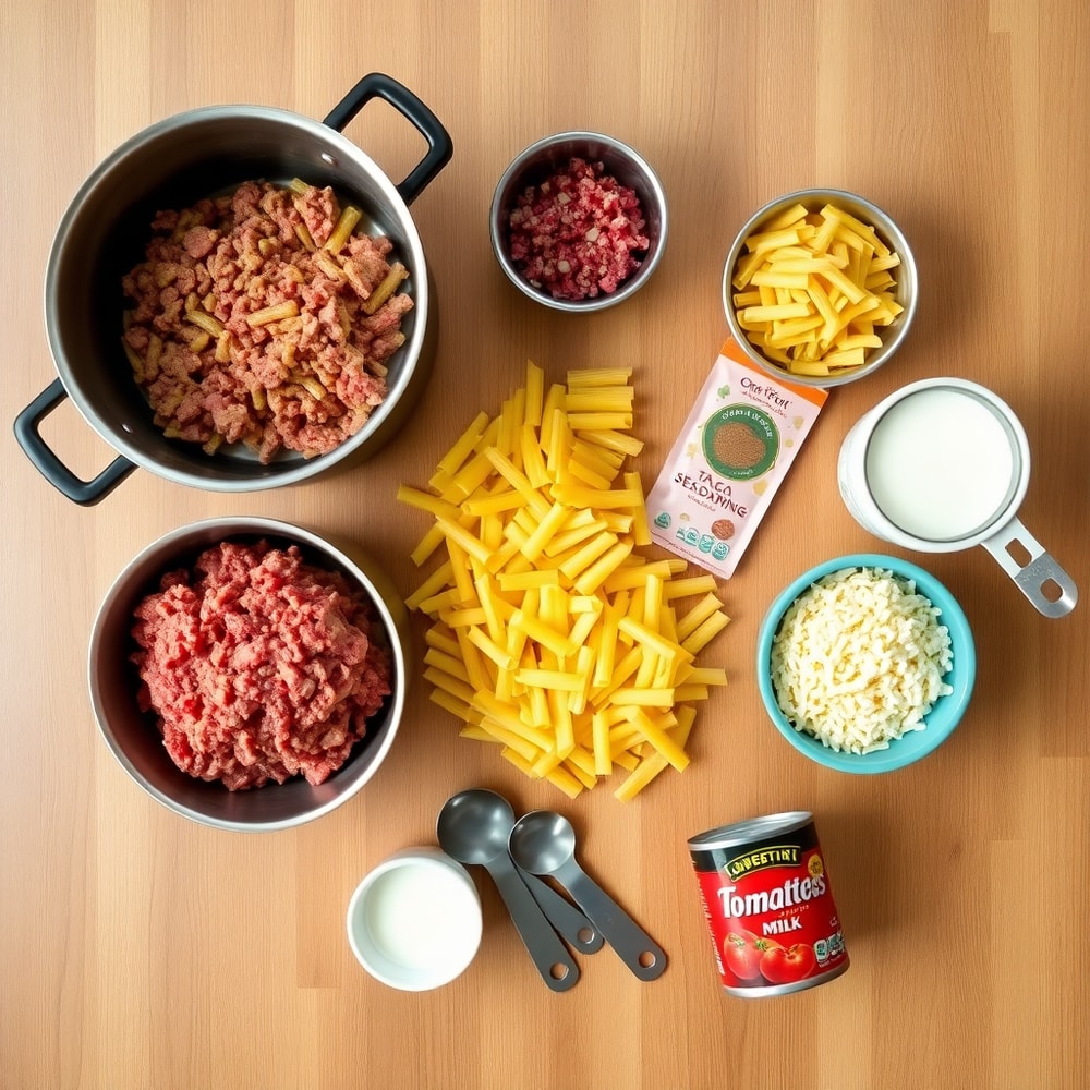 Raw ingredients for One Pot Cheesy Taco Pasta laid out on a wooden surface
