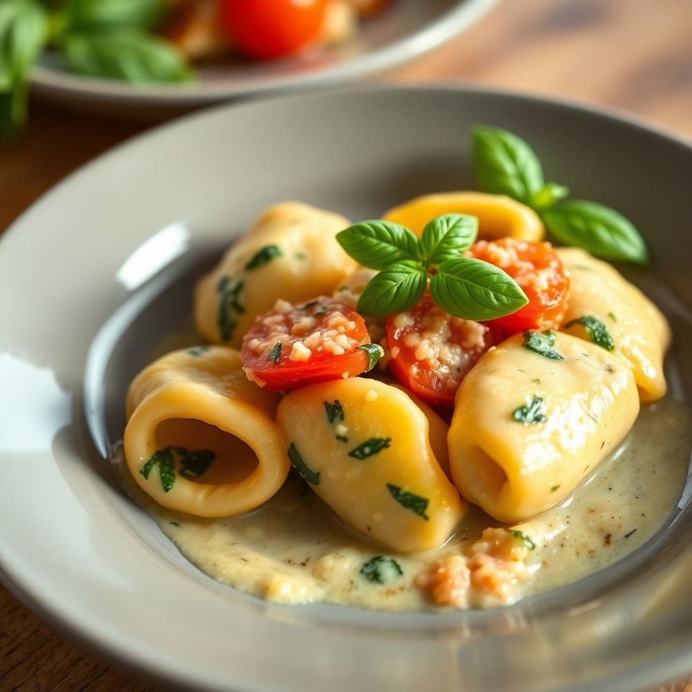Plated Creamy Spinach Tomato Tortellini with a sprinkle of fresh basil, close-up, warm lighting