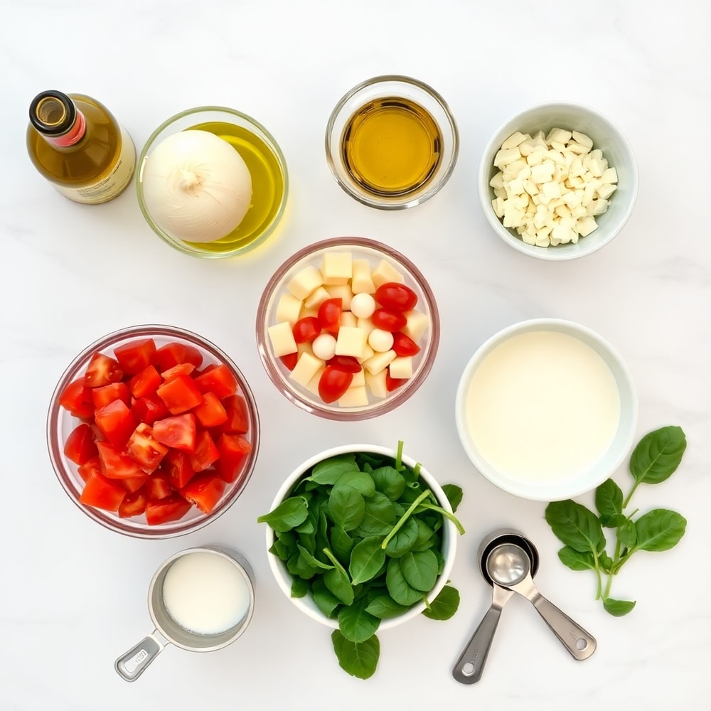 Raw ingredients for Creamy Spinach Tomato Tortellini on a white marble surface, overhead shot