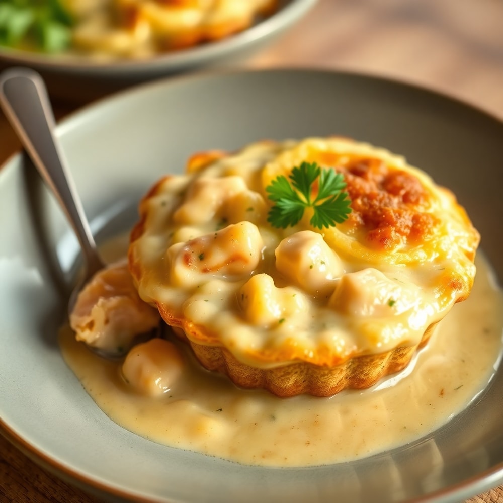 One pot gnocchi chicken pot pie plated with fresh parsley