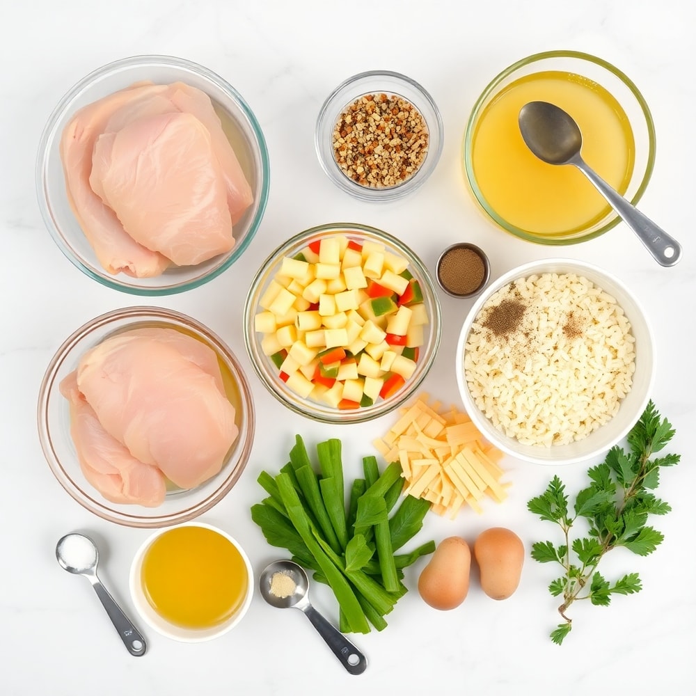 Raw ingredients for one pot gnocchi chicken pot pie arranged on a white marble surface