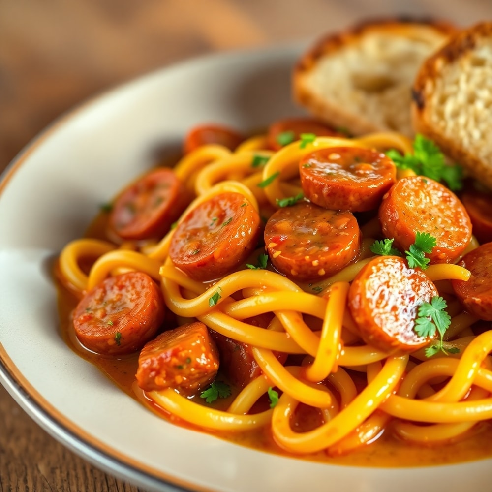 One-pot honey BBQ sausage pasta plated, with a sprinkle of parsley and a side of garlic bread