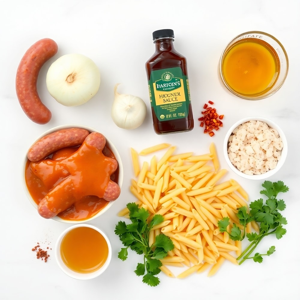 Raw ingredients for one-pot honey BBQ sausage pasta: sausage, onion, garlic, pasta, honey, BBQ sauce, and seasonings