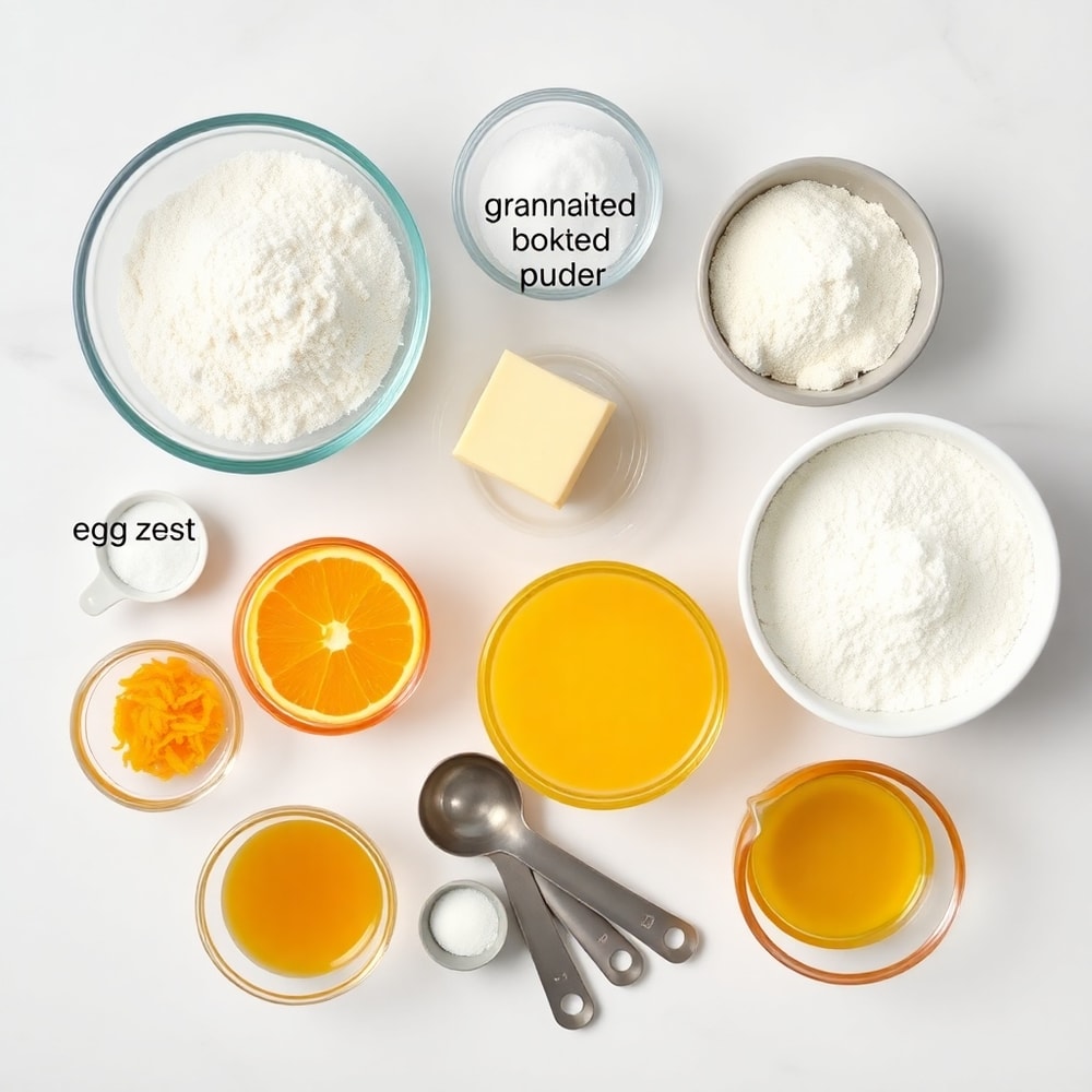 Raw ingredients for orange scone cookies on a white marble surface