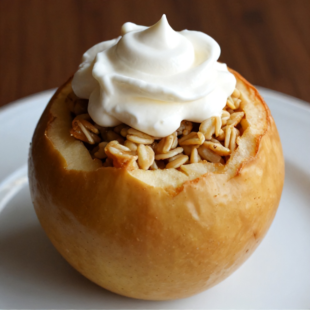 Plated oven-baked stuffed apple with a dollop of whipped cream