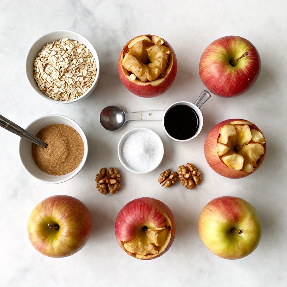 Ingredients for oven-baked stuffed apples laid out on a marble counter