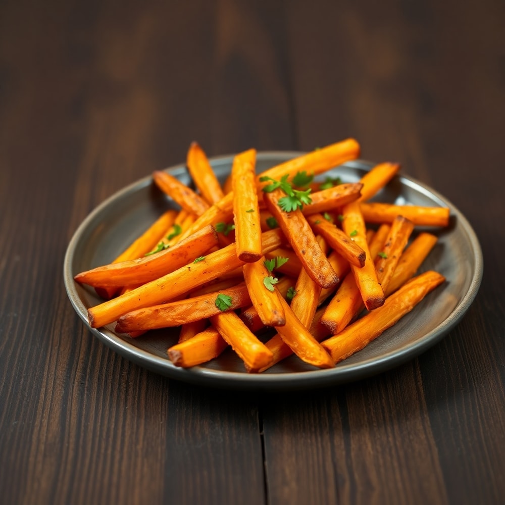 Plated crispy oven baked sweet potato fries with a sprinkle of parsley