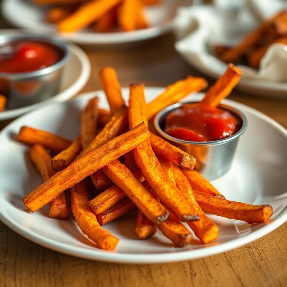 Plated sweet potato fries with ketchup on a rustic wooden table