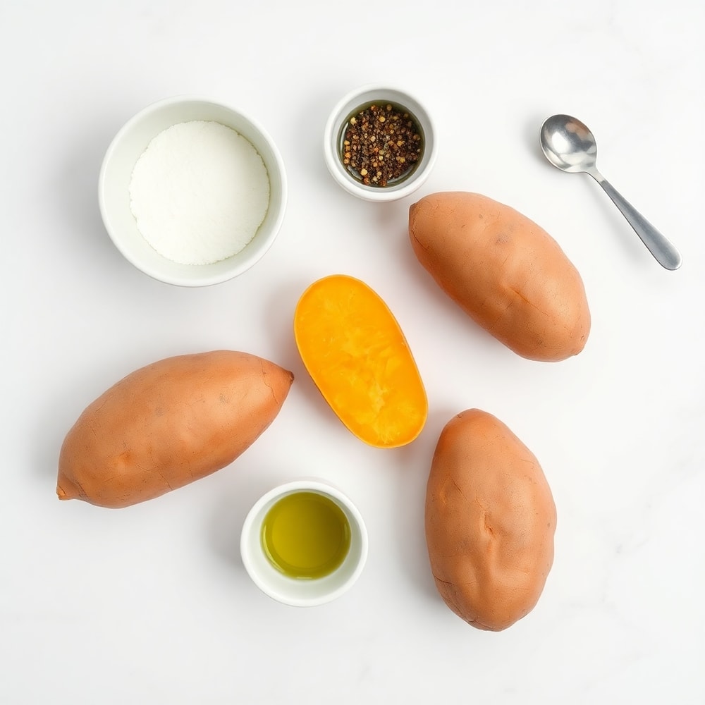 Raw sweet potatoes, olive oil, salt, and pepper arranged in a flat lay on a white marble surface